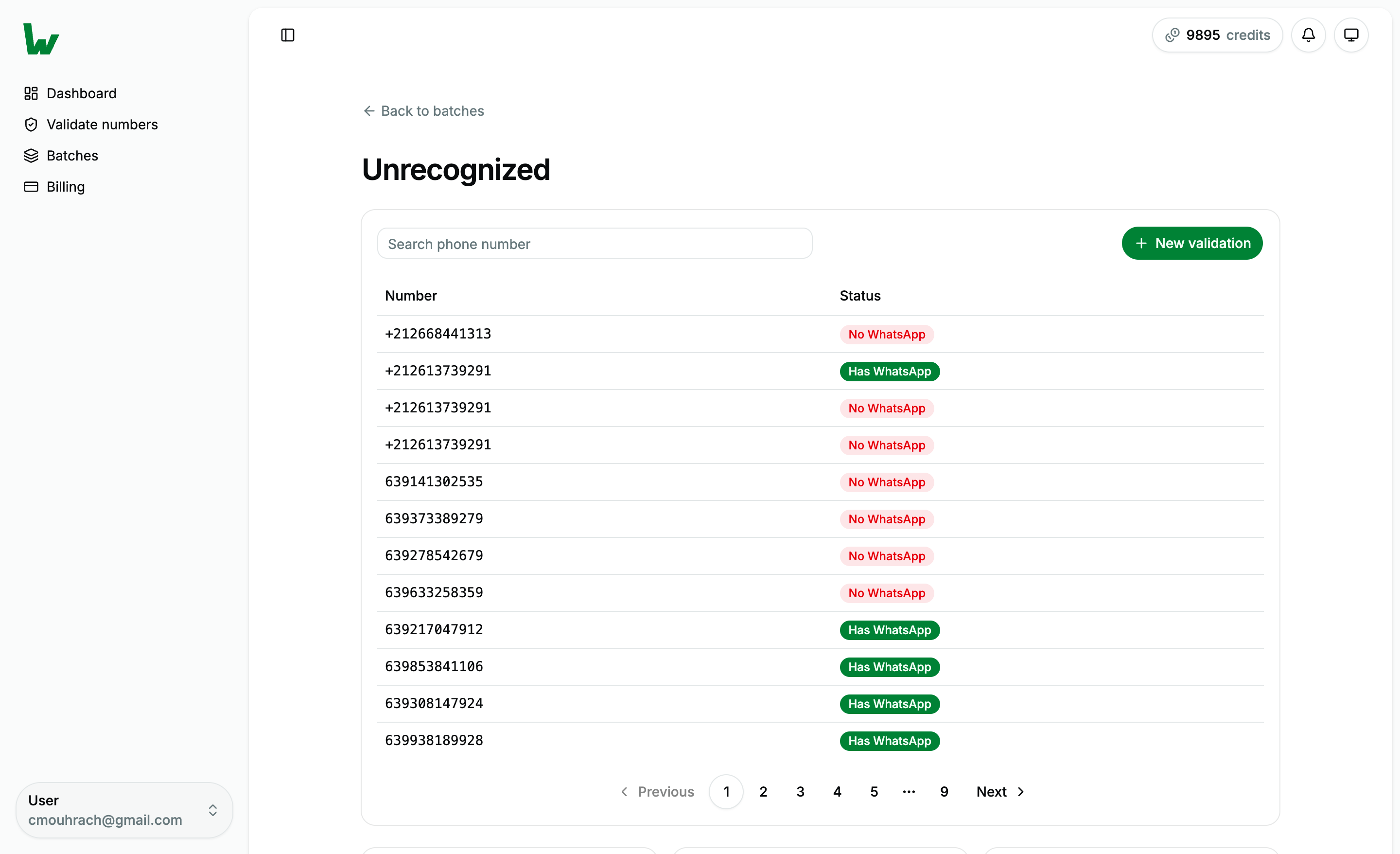 wavalid dashboard showing WhatsApp number validation results
